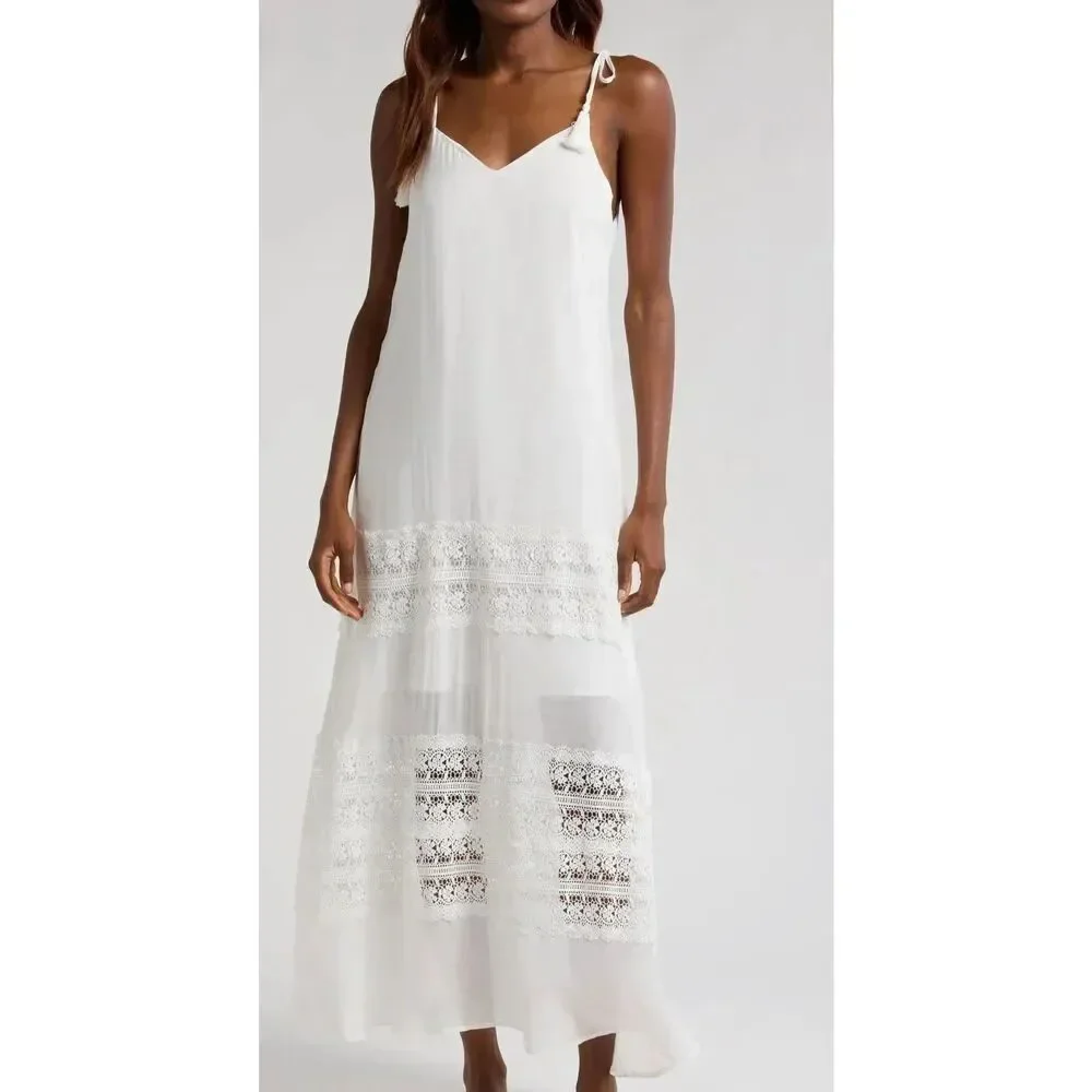 Elan Size XS Tie Strap Lace Swimsuit Cover Up Maxi Dress White Coastal Vacation